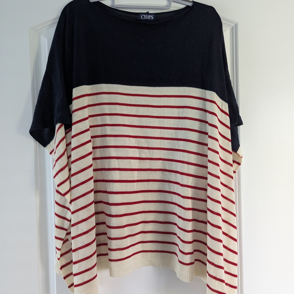 Chaps Navy and Cream Striped Top with Red Highlights. Poncho Style